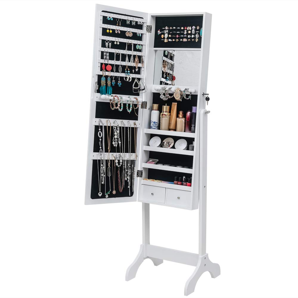 LEADZM Armoire à Bijoux sur Pieds, Meuble de Rangement Cosmétiques, Organisateur de Bijoux avec Grand Espace de Rangement pour Chambre, Placard à Accessoires avec Miroir, Verrouillable, Blanc Boisé