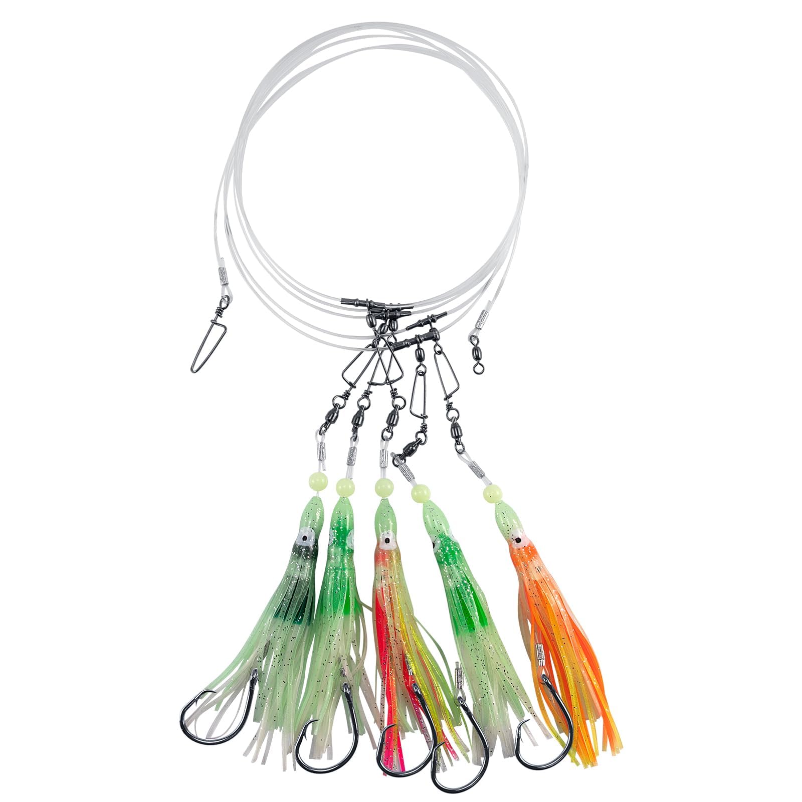 Dr.Fish Deep Drop Rigs 6ft Glow Squid Rig Lures for Saltwater, Halibut Bottom Fishing Surf Trolling Lure Leader for Stripers Trout Tuna Tilefish