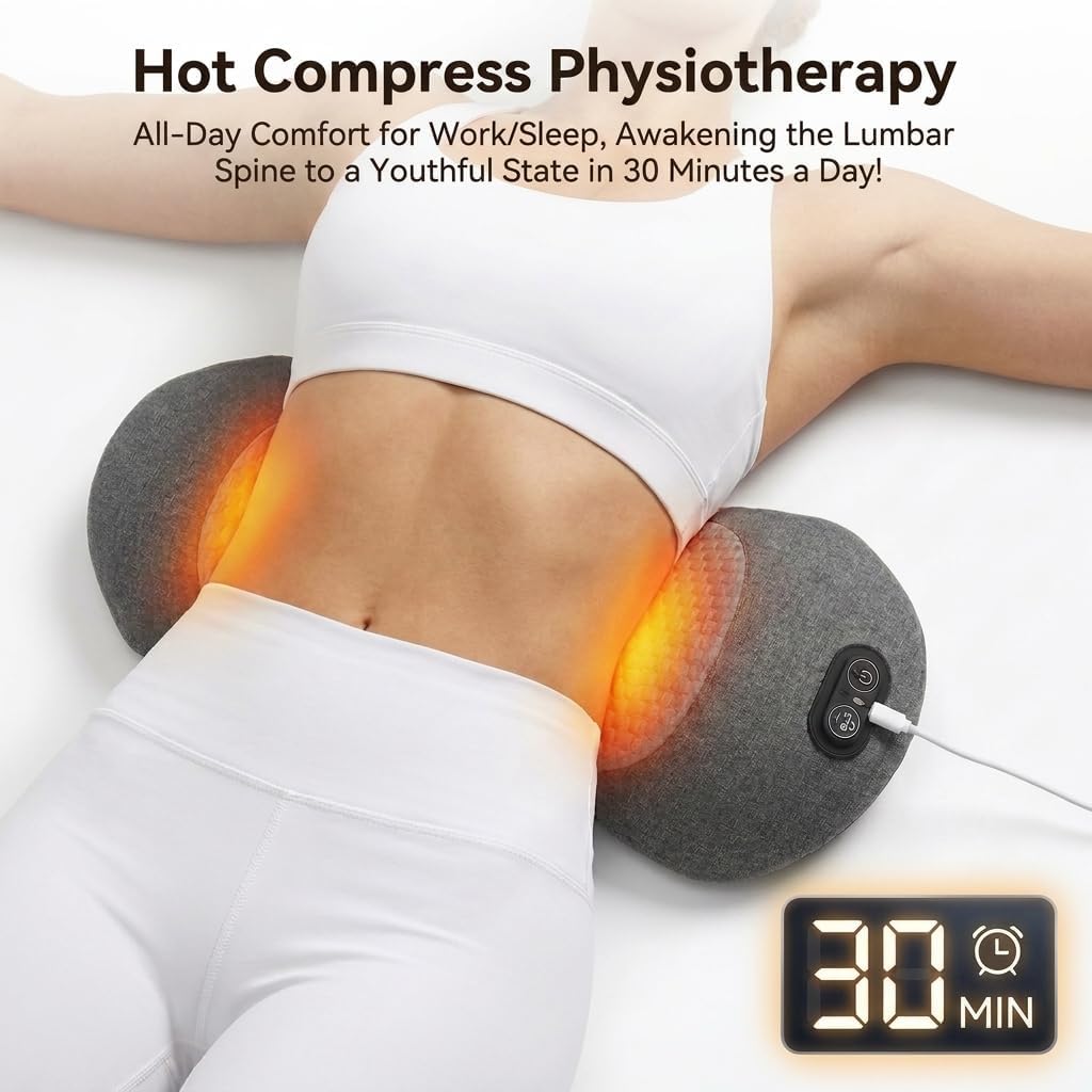 3-in-1 Triple Fusion Electric Back Massager Pillow with Heat, Vibration and Gentle Stretch, USB Powered Ergonomic Lumbar Support Cushion for Bed, Chair, Sofa and Office Use, Dark gray