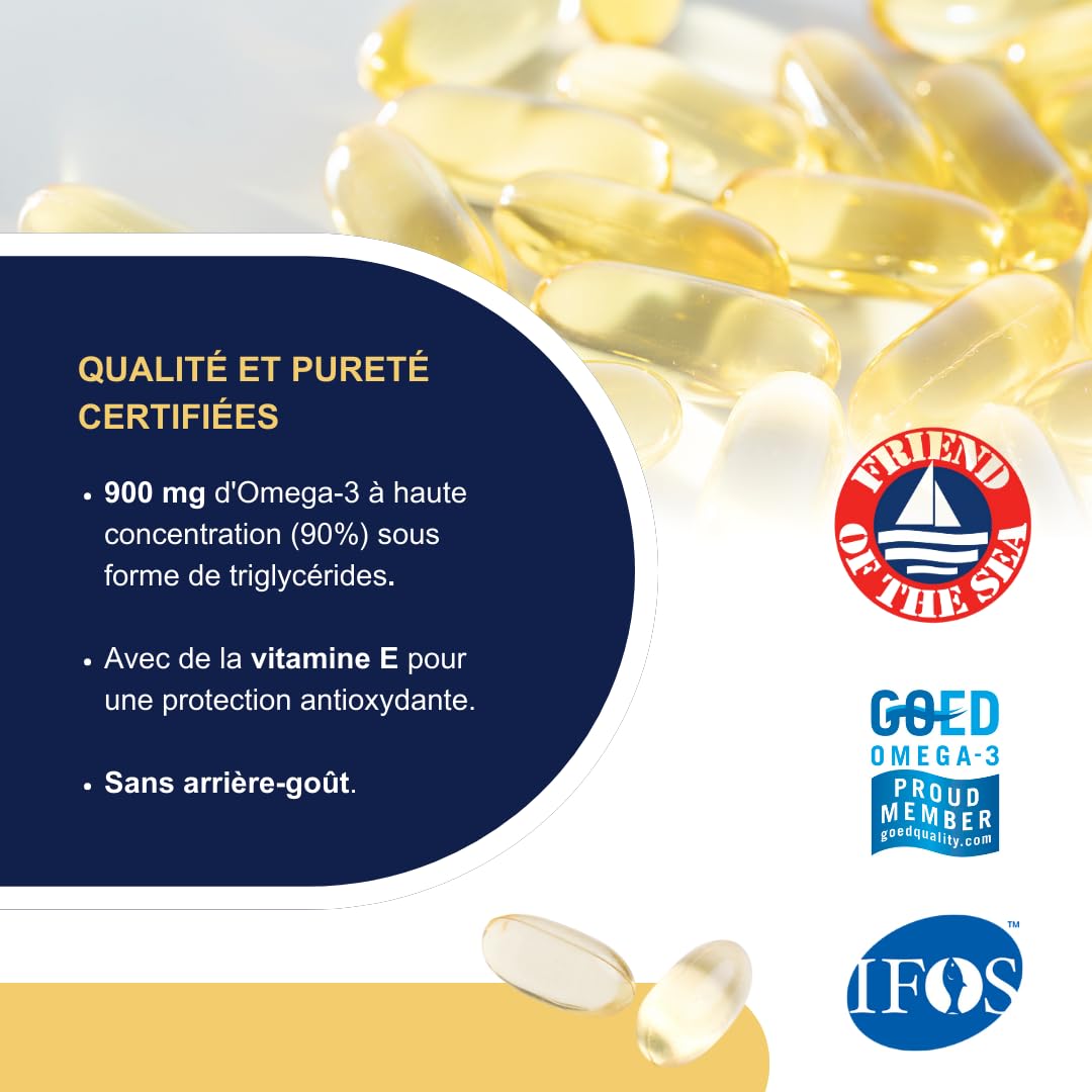 Omegor Vitality 1000 - Supplément avec 1000 mg d'oméga 3 - vitamine E - Pour votre cœur et votre cerveau - Concentration d'oméga 3 à 90% - 5-Star Certificat IFOS - Huile de poisson pure - 150 gélules