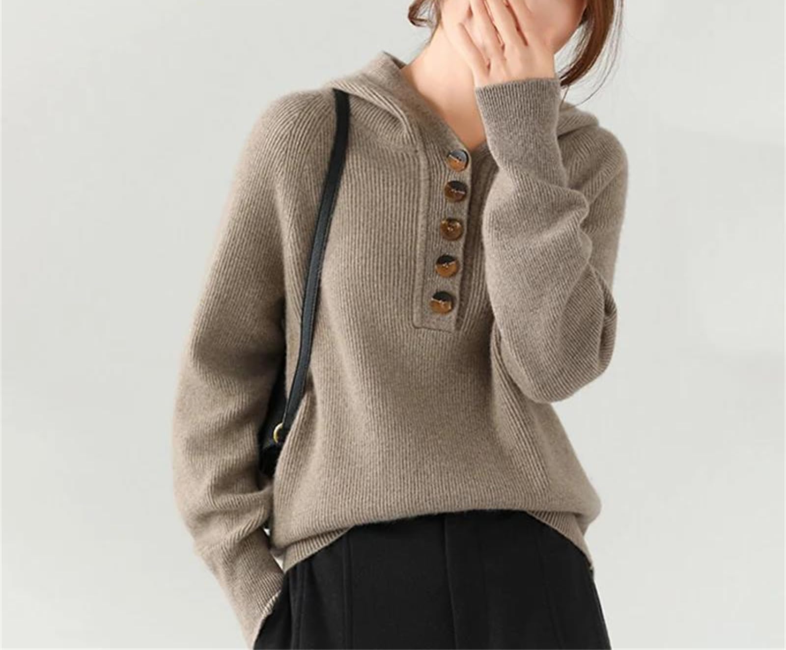 Yeuyyben Maglione da donna in cashmere, a maniche lunghe, con bottoni, invernale, caldo, lavorato a maglia, beige, Beige, L