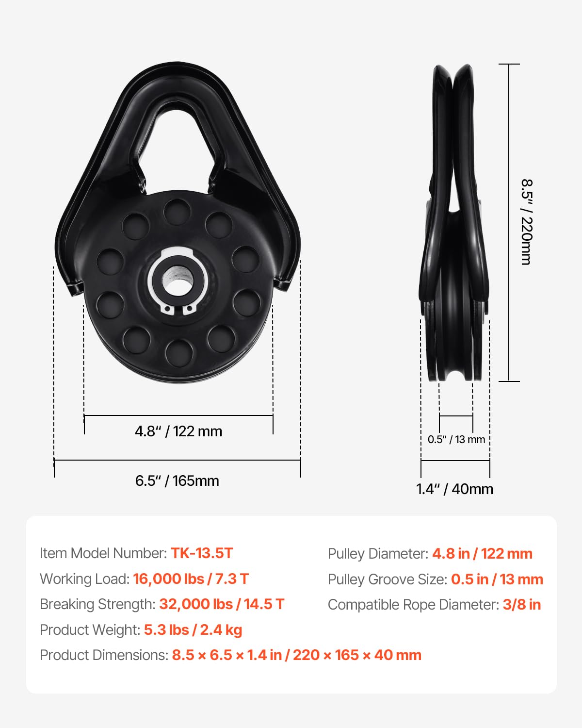 VEVOR Snatch Block per Recupero Verricello 14,5 T, Sistema di Carrucole Resistenza Rottura 14,5 T con Corda 9,5 mm Accessorio di Recupero Fuoristrada per Recupero su Camion, Trattori, ATV e UTV