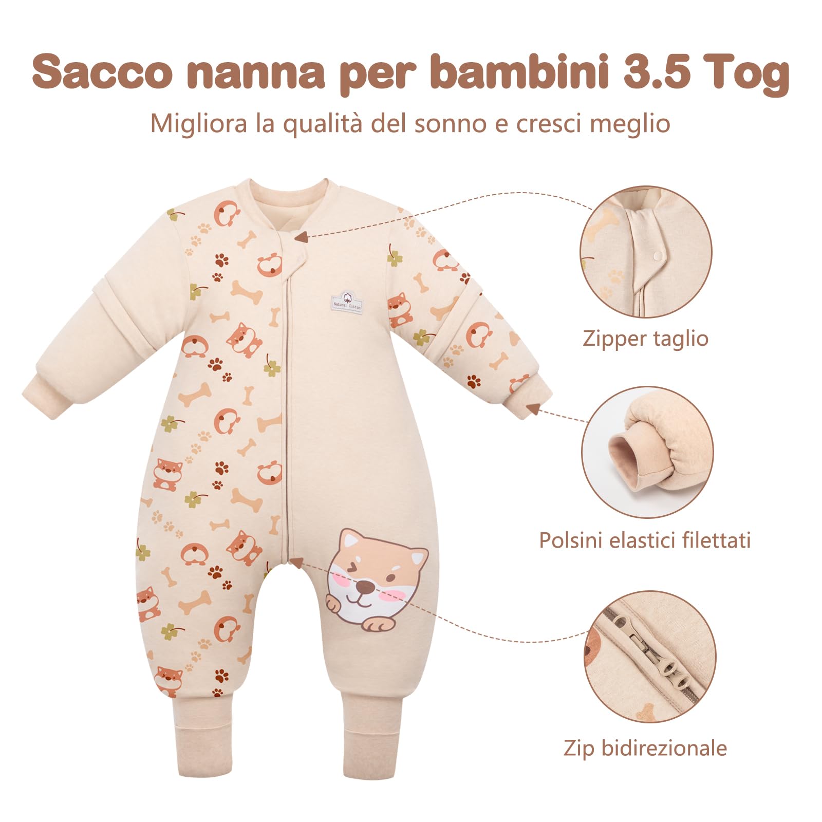 Sacco nanna a maniche lunghe con piedi 3,5 tog invernale, per bambini - sacco nanna invernale con gambe - cotone, Cucciolo (4-5 anni)