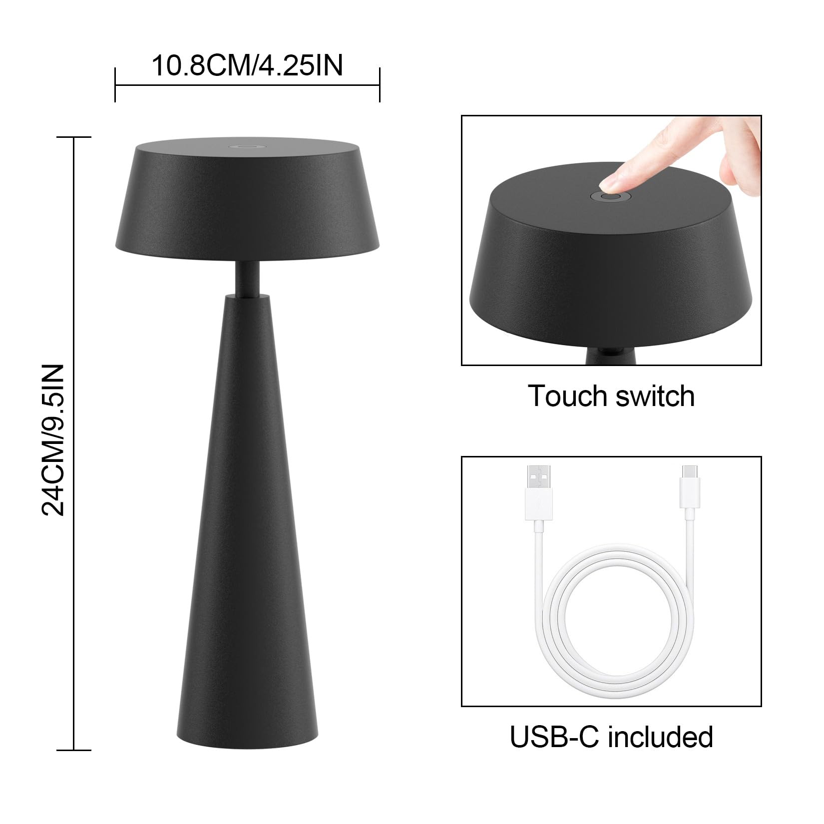 Lampe de table LED sans fil avec batterie, intensité variable 3000K-6000K, rechargeable IP54, Noir