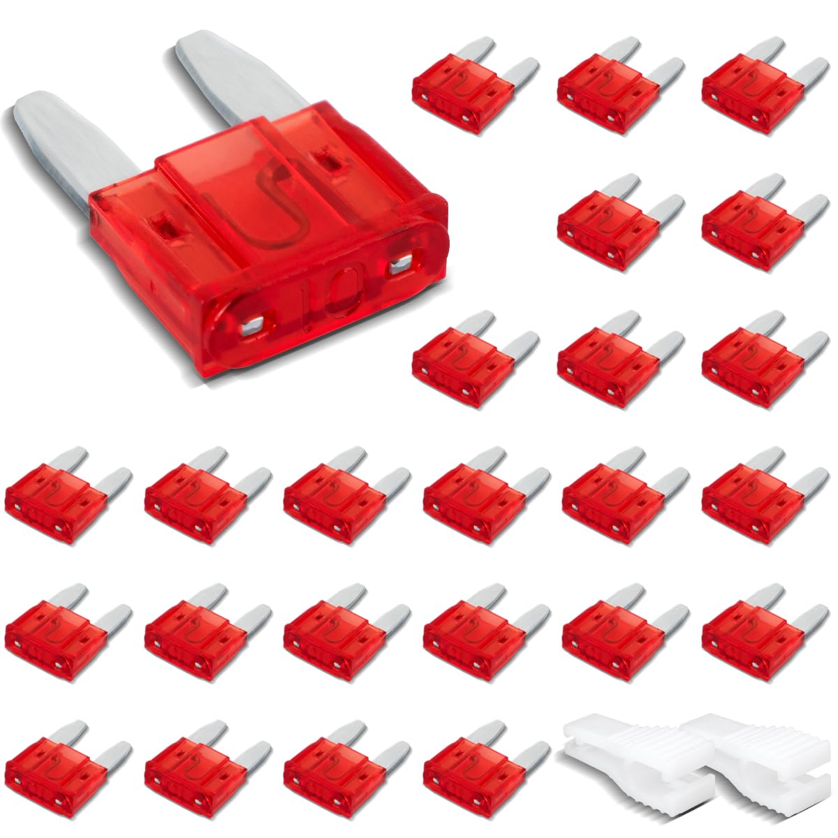 25 Piezas Fusible Mini, Fusible Plano 10A con 2 Clips de Plástico para Coche, Camión y Moto