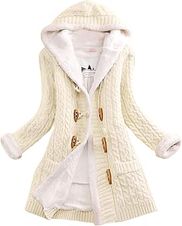 Winter Jacket Women's Long Warm Lined Long Knitted Fleece Jacket Women's Long Large Sizes with Buttons Hood Cardigan Long Sleeve Winter Coat Fleece Hooded Jacket Women's Jacket Outdoor Jacket, White,
