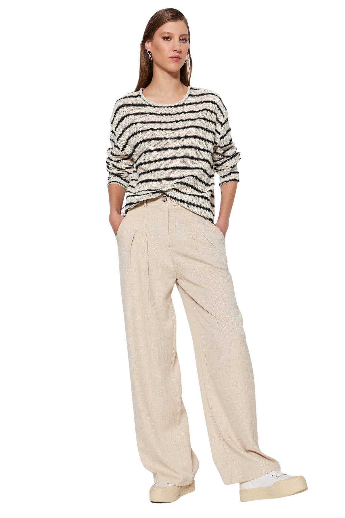 Trendyol Collection Damen Weiß Ecrufarbene, Gewebte Hose In Leinenoptik Mit Weitem Bein Für - Größe 42