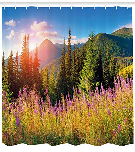 ABAKUHAUS Landscape Shower Curtain, Fall Scenery Picture in Mountains Flowers Alpine Trees Forest at Sunrise - Image 2