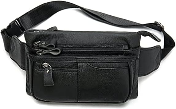 Leather Fanny Pack Waist Bag for Men Women Outdoor Travel Sports Hiking Walking Running Hip Bum Belt Slim Cell Phone Purse Wallet Camping Casual Day Pouch Black