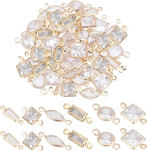 NBEADS 60 dijes de eslabones de circonita cúbica de 6 estilos, dijes de latón micro pavimentar eslabones de circonita cúbica transparentes,