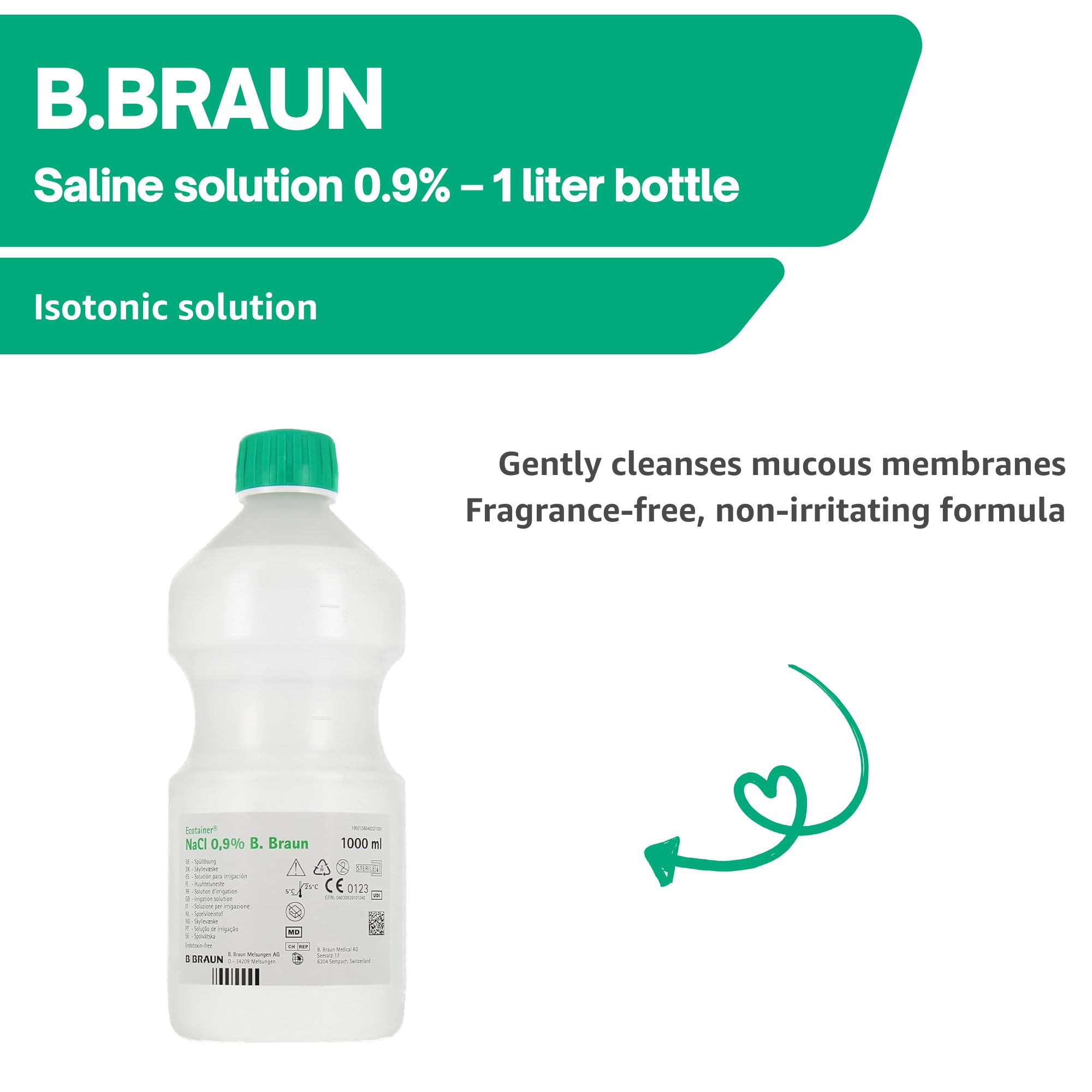 B.Braun – 6 botellas x 1L – NaCl 0,9% – Solución fisiológica isotónica 0,9 – Solución salina para bebés – Limpieza de heridas – Solución salina – Lavado nasal – Ducha nasal
