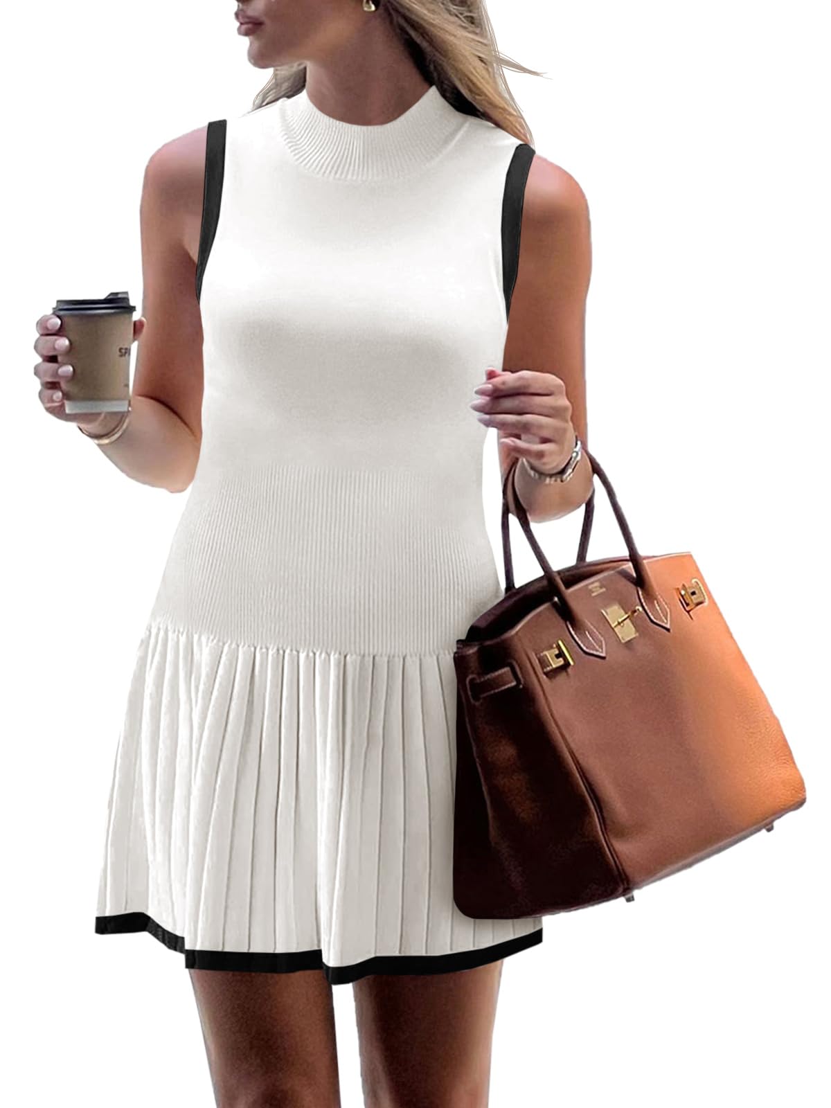 Wenrine Womens Pleated Mini Dress Sleeveless Summer Tank Dresses | Mock Neck, Drop Waist, Flowy, Ribbed Knit, Casual Short Dress