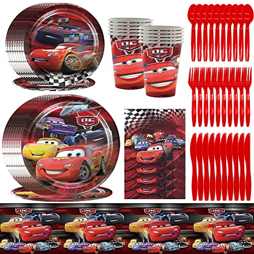 IQEPXTGO Cars Partygeschirr Thema Party Dekorationen Partei Dekoration Set für Kindergeburtstag Tischdeko Party- Dazu gehören Teller Papiertuch, Messer, Löffel, Tasse, Tischdecke 81-Piece Set Cover