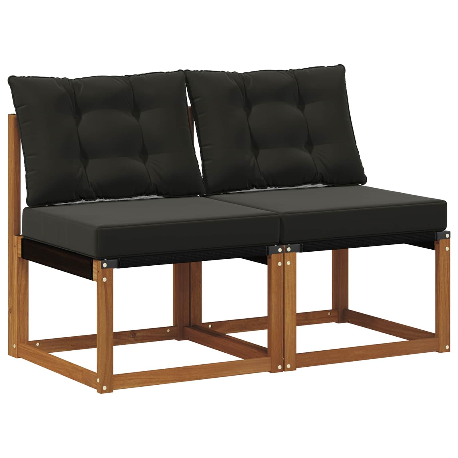 Canapés centraux de jardin en acacia massif avec coussins, lot de 2 modules pour salon extérieur