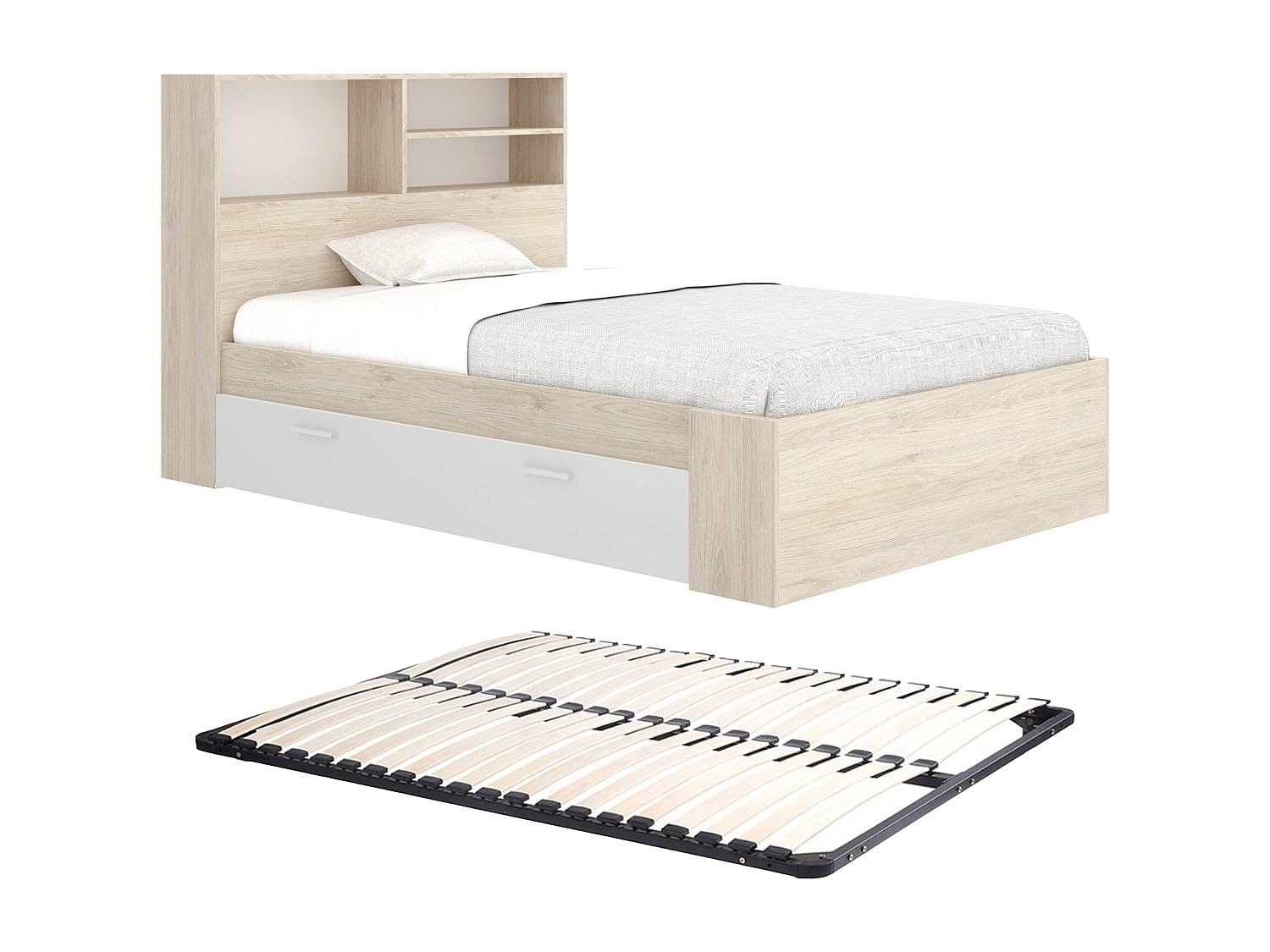 Vente-unique - Lit 120 x 190 cm avec rangements - Coloris : Naturel et Blanc + Sommier - VARDIEL