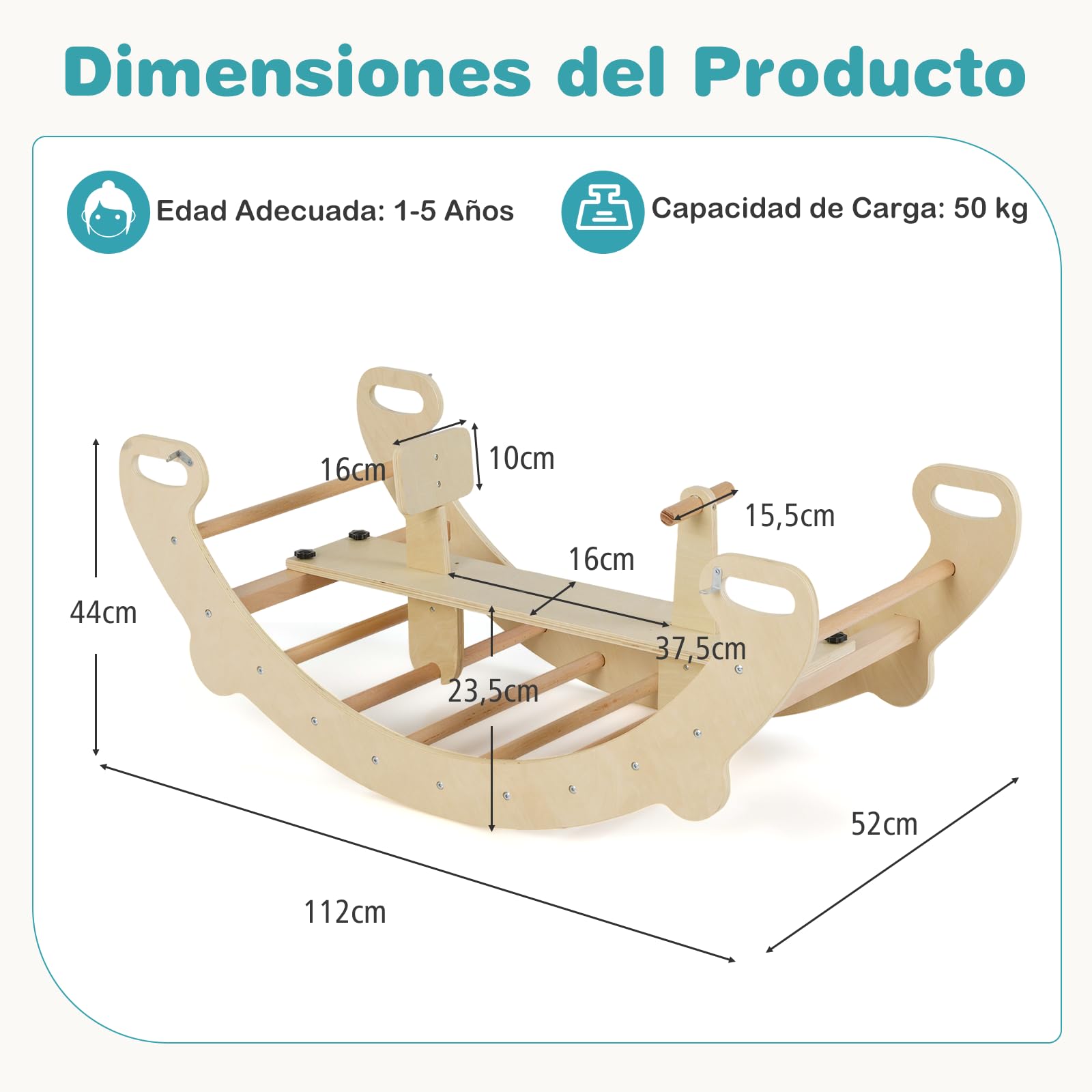 COSTWAY Arco de Escalada para Niños Montessori, 4 en 1 Juguetes de Escalada de Madera, Juego de Interior con Escalador de Arco, Balancín, Túnel para Gatear, Respaldo y Asiento Lisos (Natural)