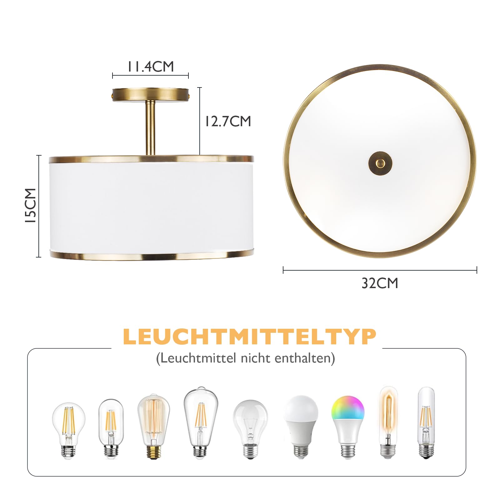CALOKES Moderne Ø32cm Runde Stoff Deckenlampe mit 3 E27 Fassungen, Weiße Deckenleuchte für Wohnzimmer Schlafzimmer Küche Flur, Runde Deckenlampen aus Metall mit Messing Finish, Ceiling Leuchte