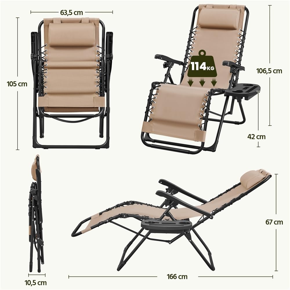 Yaheetech Tumbona Plegable para Exterior Tumbona Jardin Ligera y Portátil Silla Reclinable con Bandeja Lateral, Fácil de Mover para Exterior (1PCS Beige
