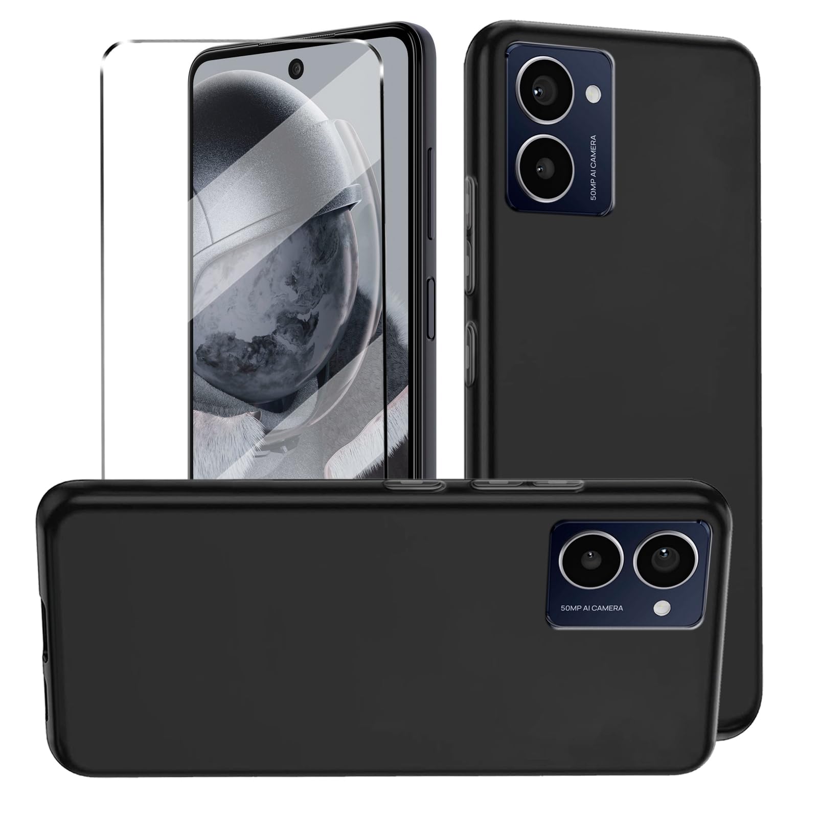 HuiYouMY2-in-1 Case For HMD Pulse Pro/HMD Pulse Plus/HMD Pulse Cover with 1 Pack Tempered Glass Screen Protector Slim Fit Soft TPU Shockproof Anti-Scratch Phone Case Cover - Black
