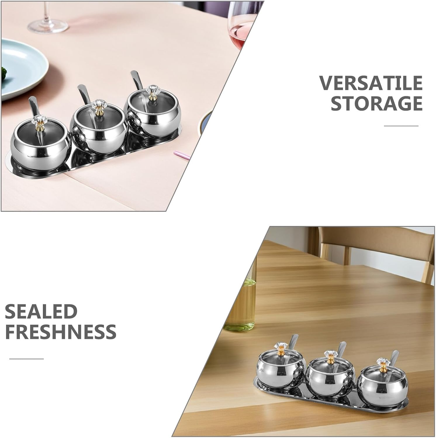 Stainless Steel Condiment Jars with Lid and Spoon Set, Sugar and Salt Seasoning Containers with Tray for Kitchen Counter, Sturdy Cooking Spice Canisters for Home Use