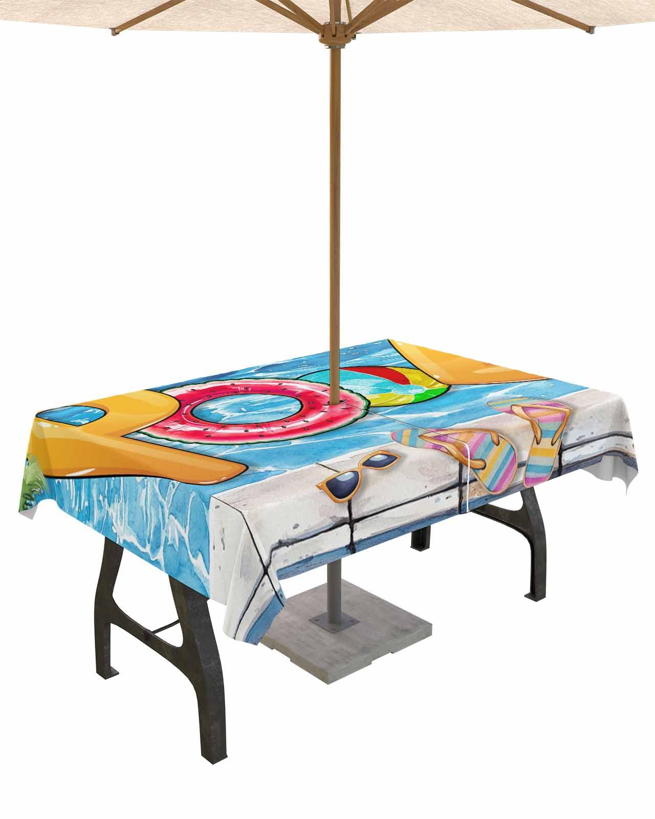 Huotupsine Blue Summer Pool Outdoor Tablecloth - 60x102 Inch Rectangle Dining Table Cover, Watermelon Swimming Ring Slippers Waterproof Outdoor Table