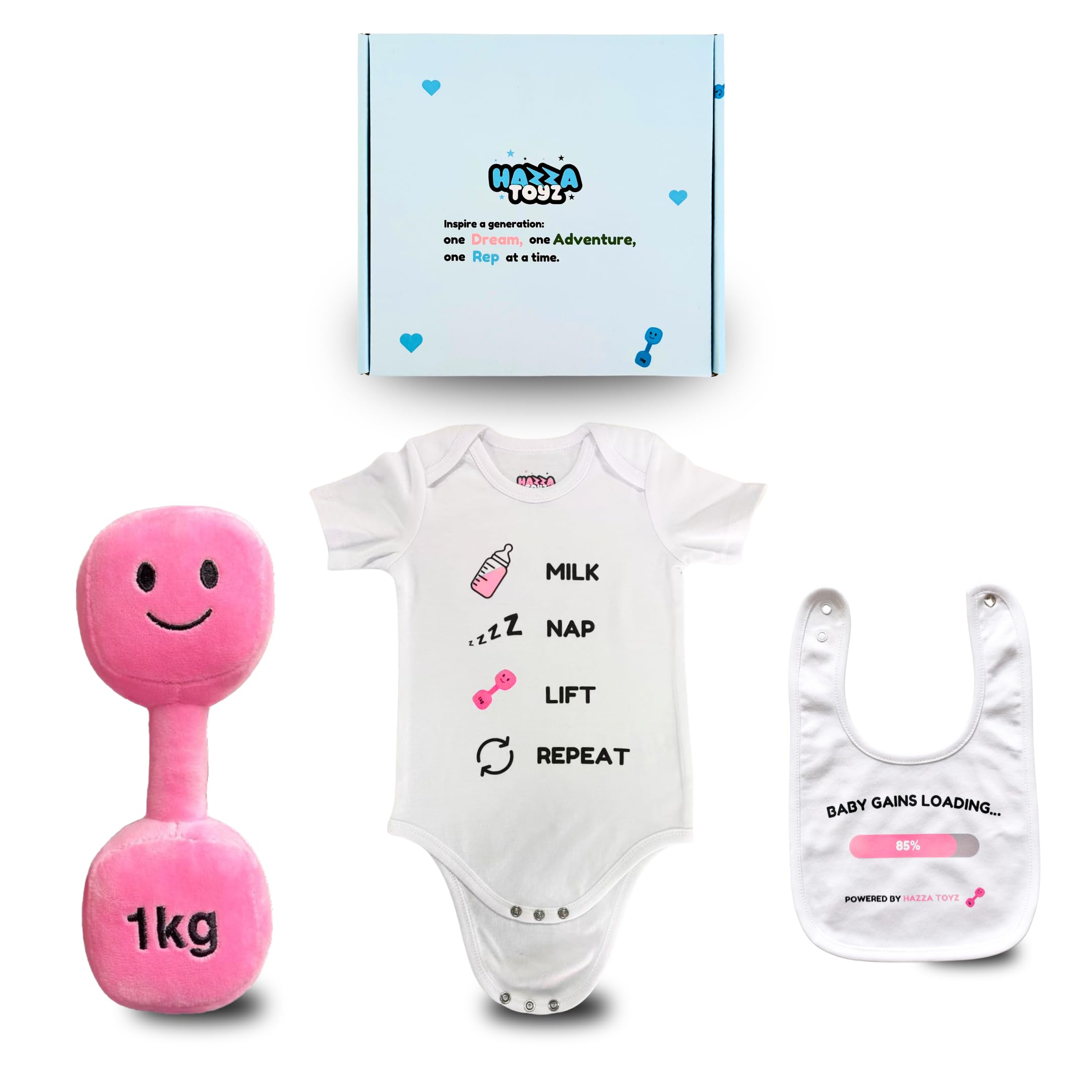 Hazza Toyz Lil Lifter Starter Set - Baby Gift Box with Plush Dumbbell Toy, Cotton Bodysuit & Bib, Candy Château Pink, 3-6 Months