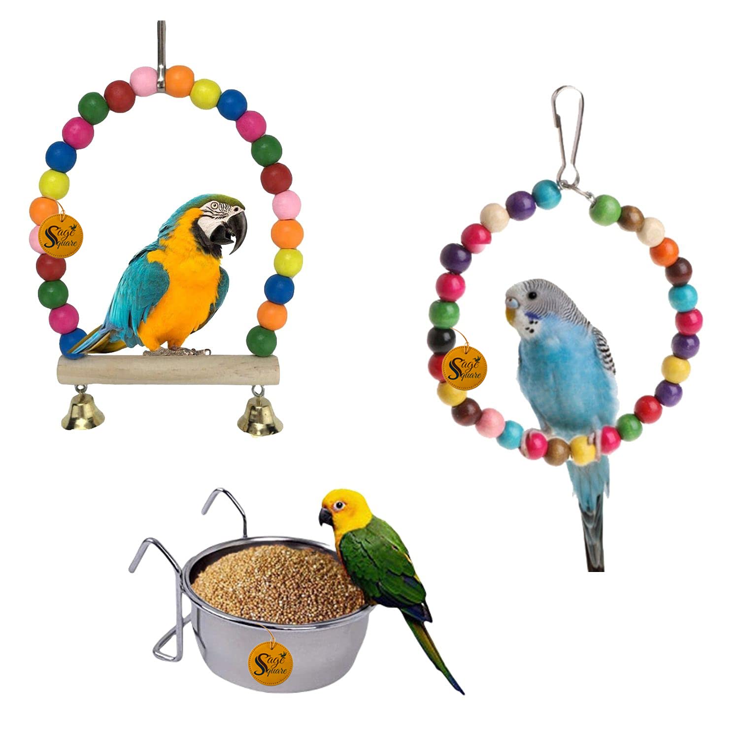 Sage Square Wooden Bird Toys Combo | Steel Bowl, Swing, Hanging Cage Toy | for Budgie, Cockatiel, Parakeet, Conure, Macaw, Parrot (B096W2RS36) Amazon Price History, Amazon Price Tracker