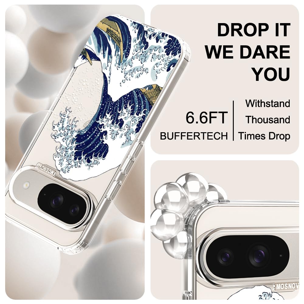 MOSNOVO Case for Google Pixel 9 & Pixel 9 Pro, [Buffertech 6.6ft Military-Grade Drop Protection] [Anti Peel Off Tech] Clear TPU Bumper Phone Case Cover Design - Great Wave - 5