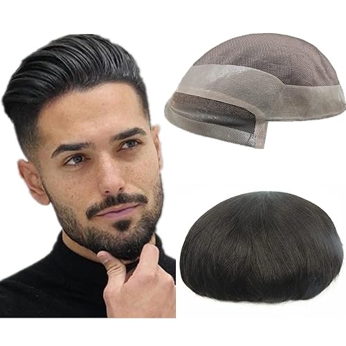 NLW Europeo pelo humano toupee para hombres Mono base con encaje frontal sistema de reemplazo de pelo 7x9 "piezas de pelo recto para hombres #1b