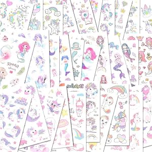 ACWOO Tatuajes Temporales, 30 Hojas Unicornio y Sirena Dibujos Animados Falso Pegatinas de Tatuaje, 350+ Diseños Tatuajes Temporales Impermeables para Niñas Niños Regalos de Fiesta Cumpleaños