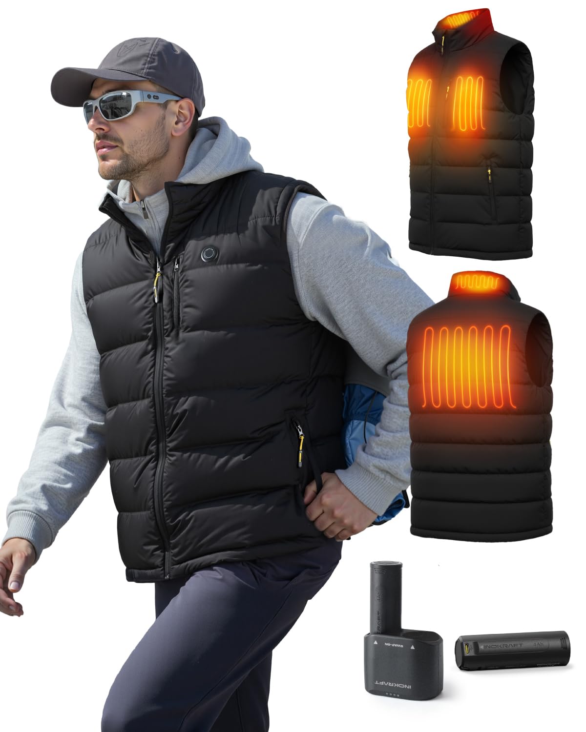 InoKraft Gilet riscaldato da uomo, leggero, trapuntato, invernale, riscaldato, con batteria ricaricabile da 8000 mAh e cavo di ricarica USB-C per ciclismo, corsa, escursionismo