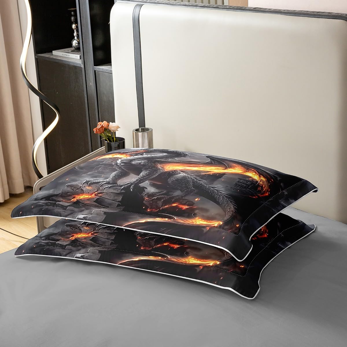 Flamme Drache 100% Baumwolle Bettbezug 135x200 für Kinder Teenager Krieg Wildtiere Bettwäsche Set Magische Fantasie Feuer Drache Tröster Abdeckung Gemütlich Grau Dekorative Alte Wildtiere Bett Set