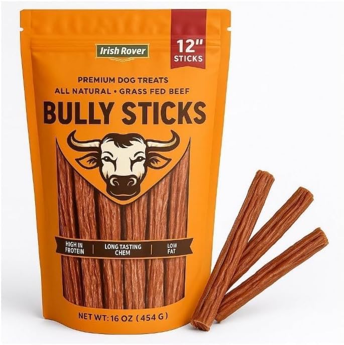 Irish Rover Bully Sticks Made of All Natural Grass Fed Beef, 12 Inch Stics, Net Weight 16 Ounce, High Protein, Low Fat and Long Tasting Chew