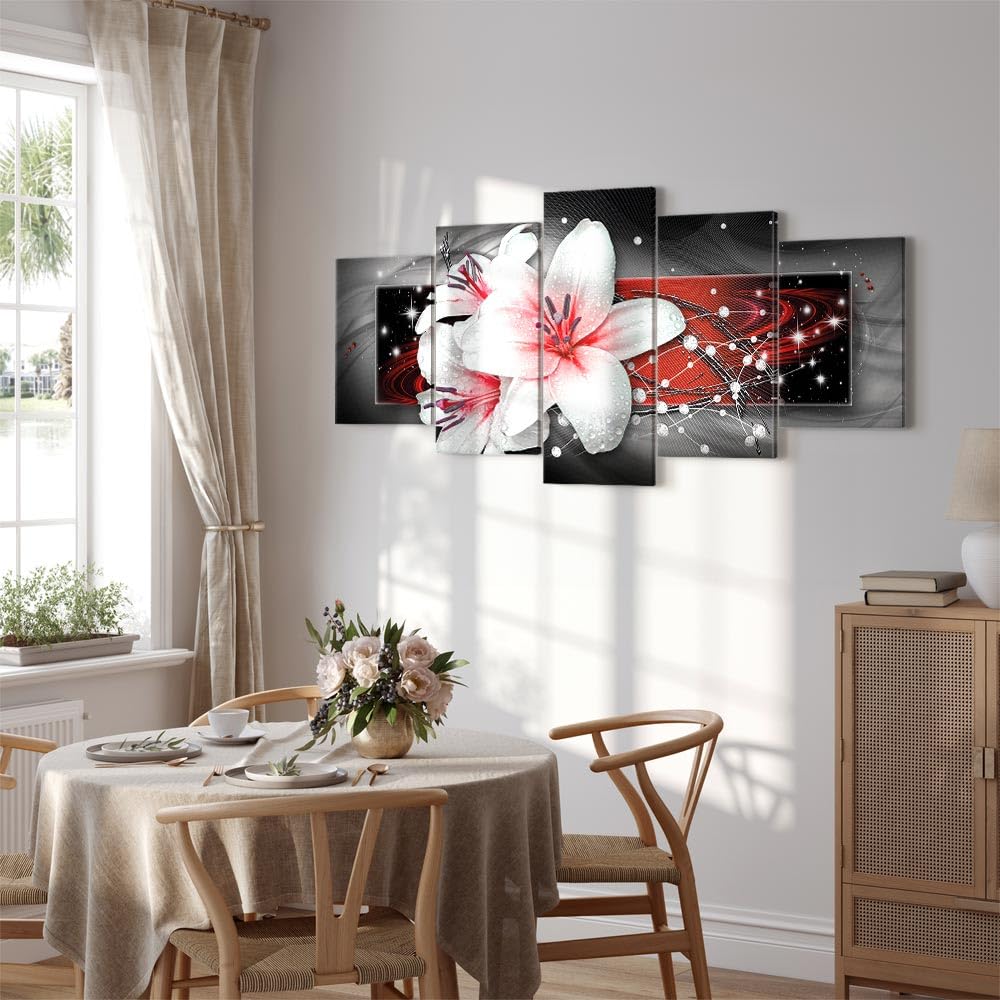 murando Cuadro en lienzo Flores 225x112 cm 5 partes impresión en material tejido no tejido cuadro de pared impresión artística fotografía decoración- Lirios Abstracto Perlas rojo gris b-A-0616-b-m