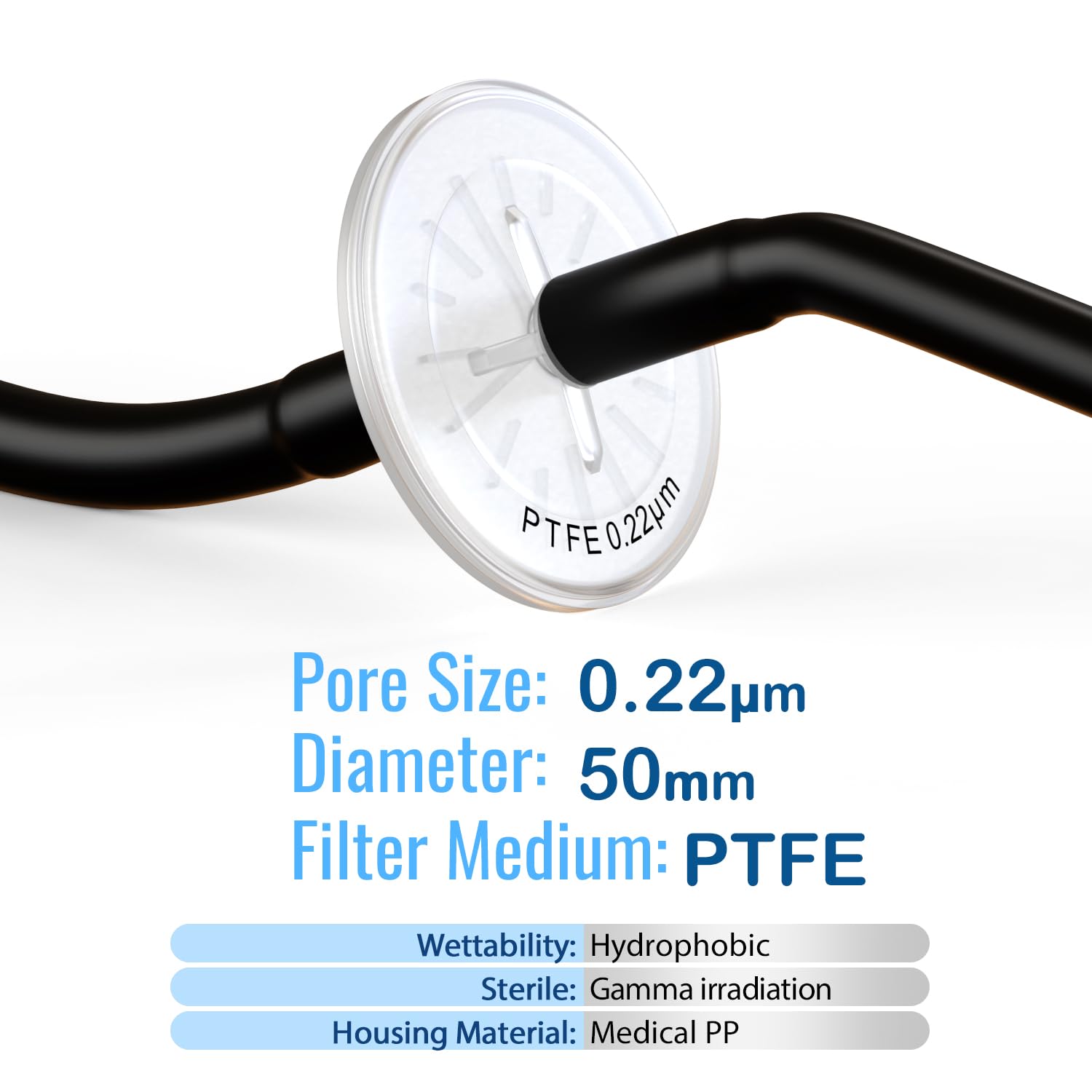 Filtro dell'aria sterile PTFE, filtro idrofobo da 50 mm, 0,22 μm, con tubo a gradini da 7 mm a 13 mm e linguetta femmina Luer per filtrazione dell'aria, confezionato singolarmente