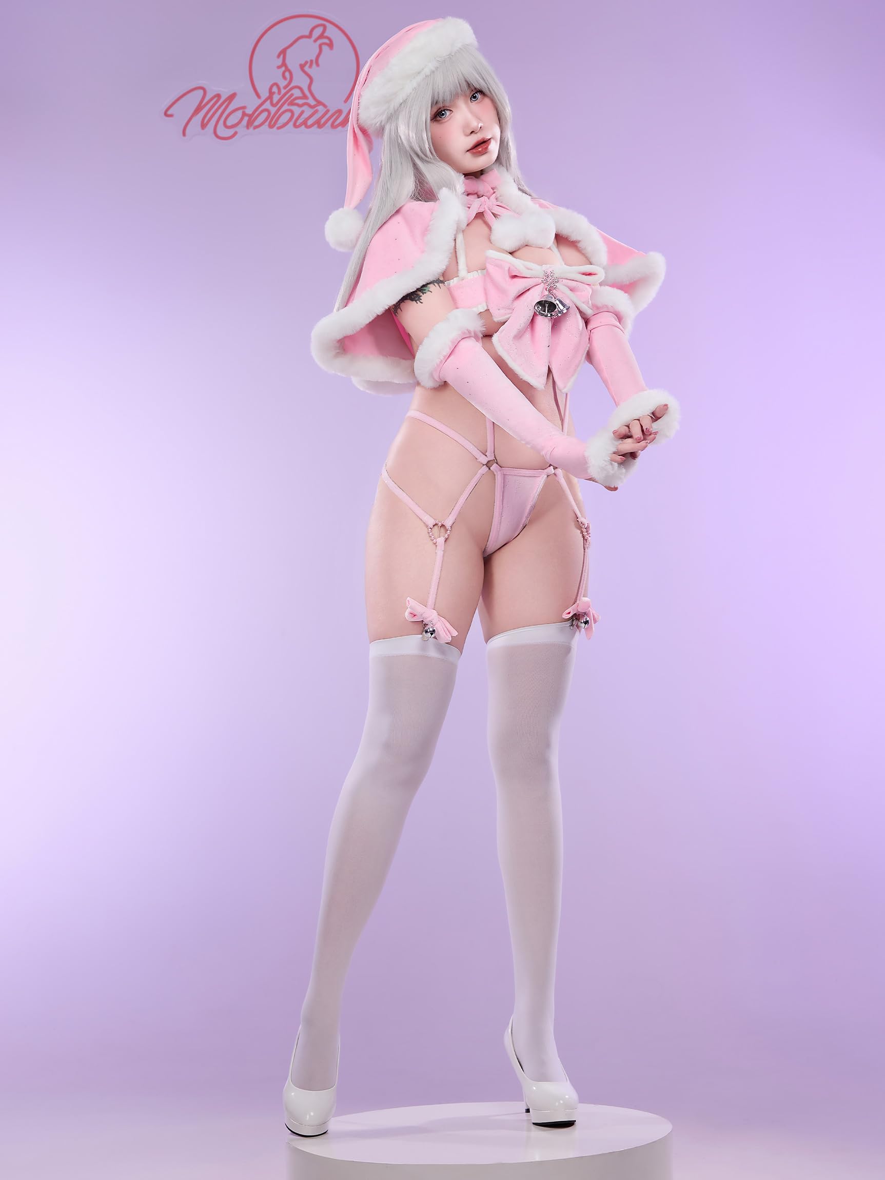 Mobbunny Christmas Sexy Cutout Lingerie Set for Women Rave Outfits Lace-up Strappy Bodysuit with Gloves and Stockings