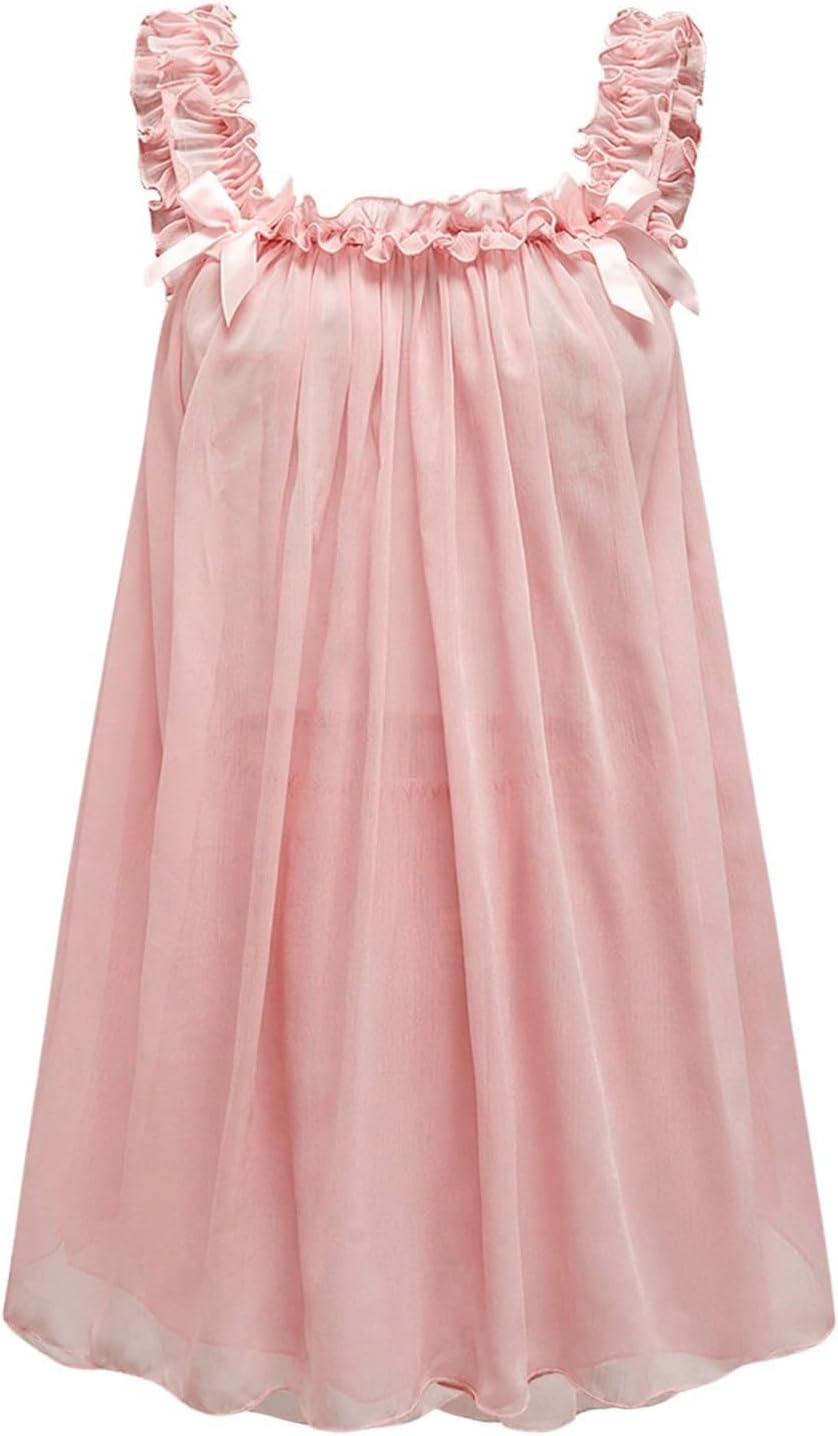 MakeMeChic Women's 2 Piece Lingerie Mesh Cute Valentine Pajama Set Ruffle Bow See Through Vintage Nightgown Sleepwear