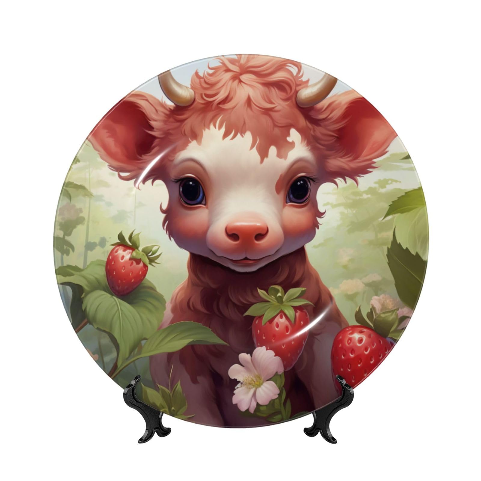 SXZVVBN Strawberry Cow Baby Bone China Decorative Plate Art with Stand Removable Adhesive Hanging for Home Office 7in