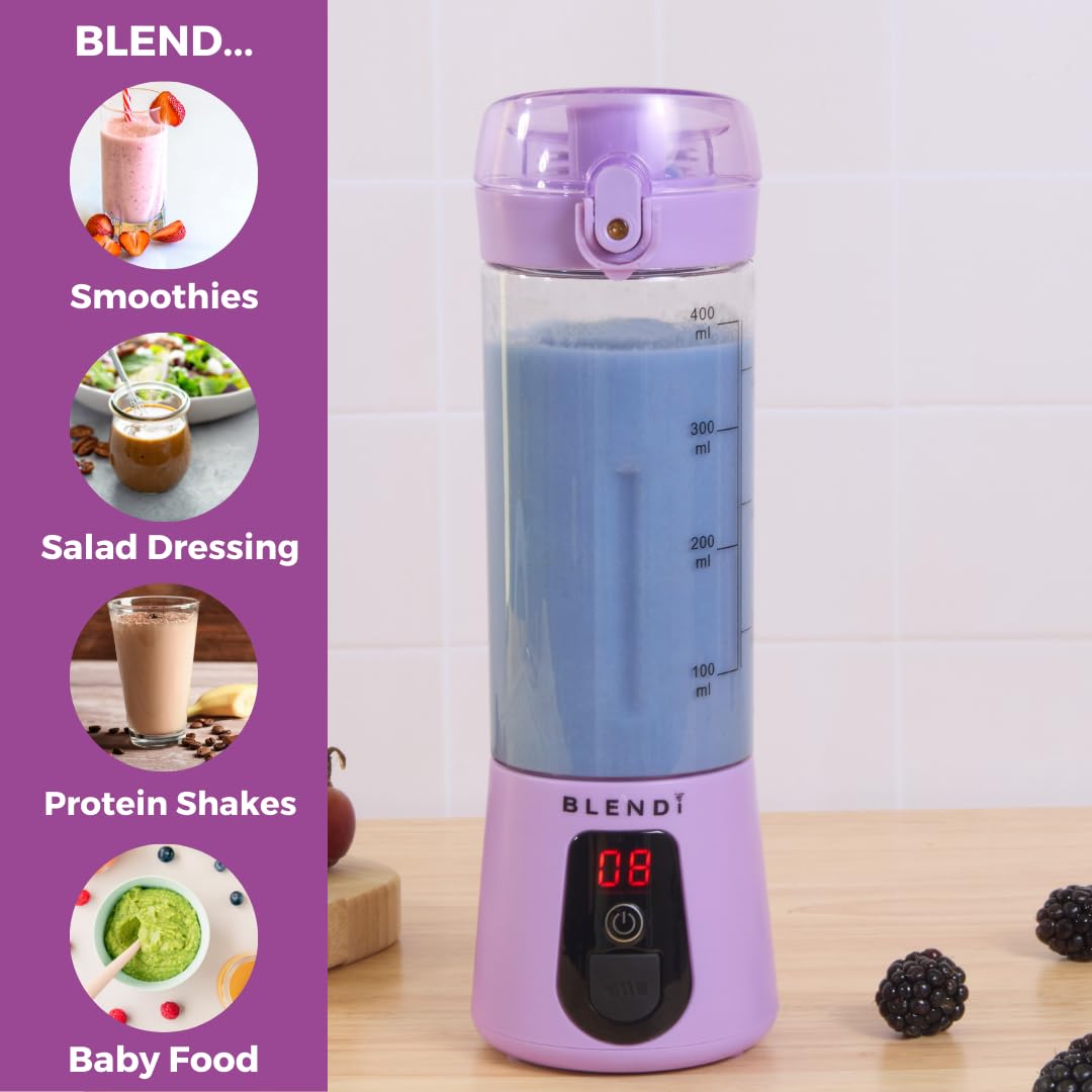 BLENDi Licuadora portátil Lite (17 onzas) – Recargable por USB, potente motor de 70 W para batidos, batidos de proteínas y más – Compacta, apta para viajes y sin BPA (morado)