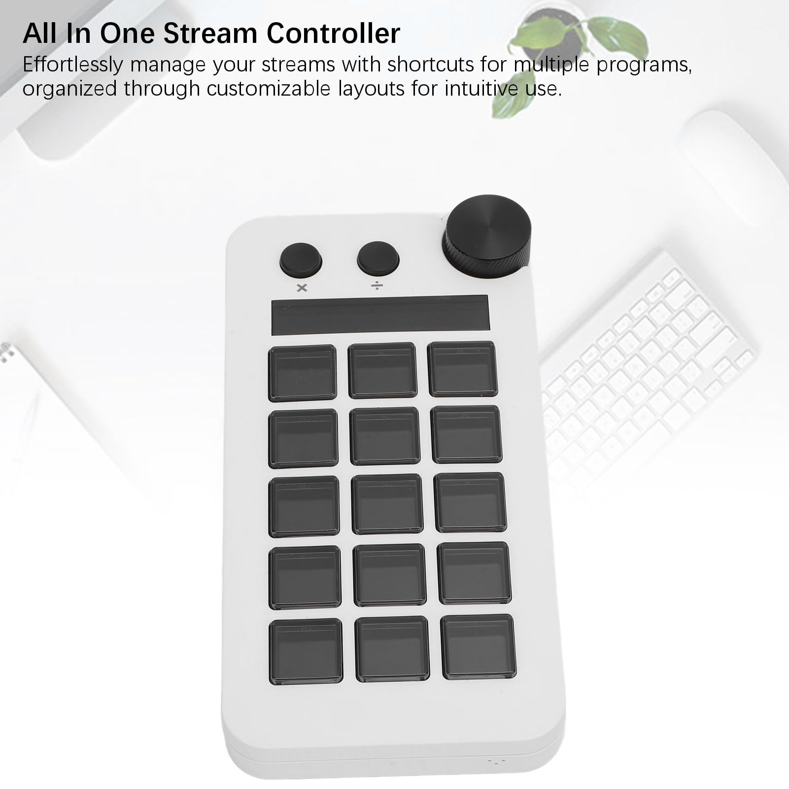 Controlador de Estudio con 15 Claves, Controlador de Transmisión con Perilla, Diseños Visuales Personalizables y Macros para Software de PC, Activando Acciones en Aplicaciones (BLACK) (WHITE)