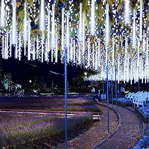 EXF 2-Pack Total 384LED Christmas Lights Outdoor, Rain Drop Lights Meteor Shower Lights 30cm 16 Tubes Outdoor Snow Cascading String Lights for Tree Wedding Party Garden Decor (Cool White)