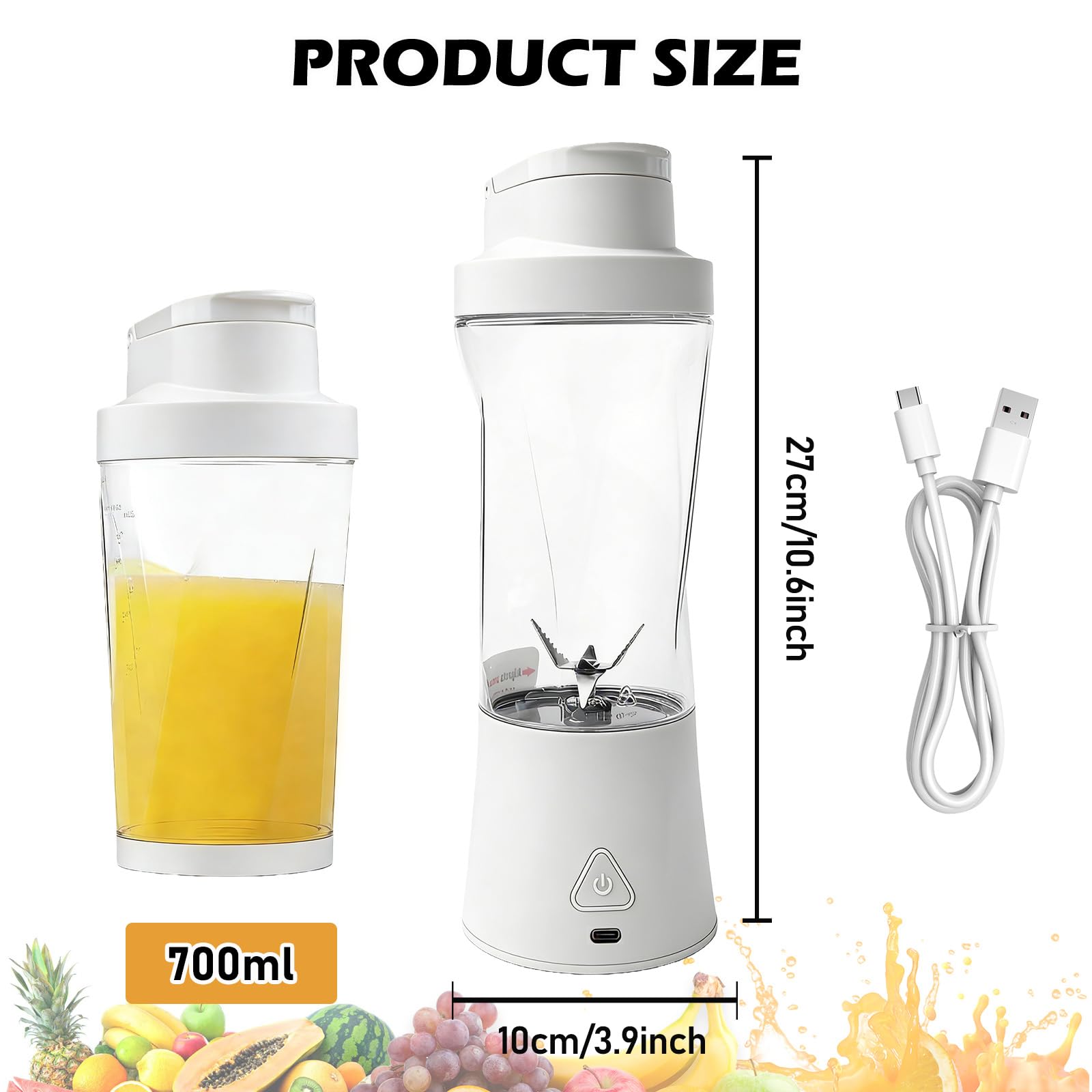 Frullatore portatile da 700 ml, mini frullatore con 6 lame, 6000 mAh, ricaricabile tramite USB, senza BPA, coperchio a prova di perdite e beccuccio per casa, ufficio e viaggi, bianco
