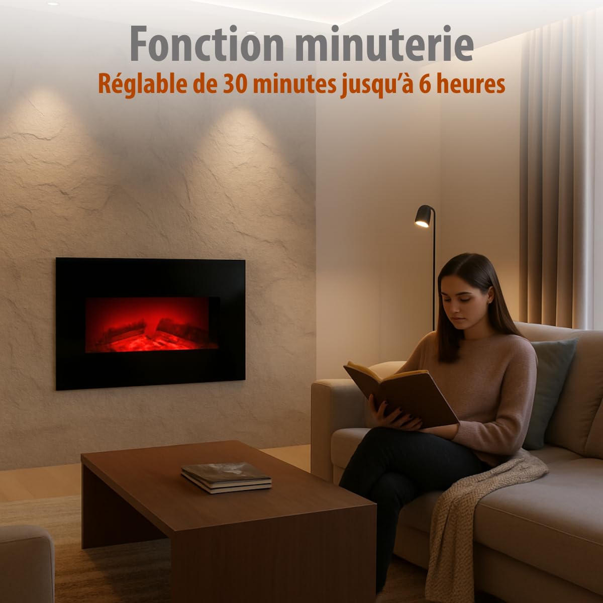 Cheminée Électrique Memphis – Cheminée Décorative Murale 1800W avec Chauffage et Effet Flamme LED – Poêle Électrique avec Télécommande, Minuterie et Protection Surchauffe – Noir