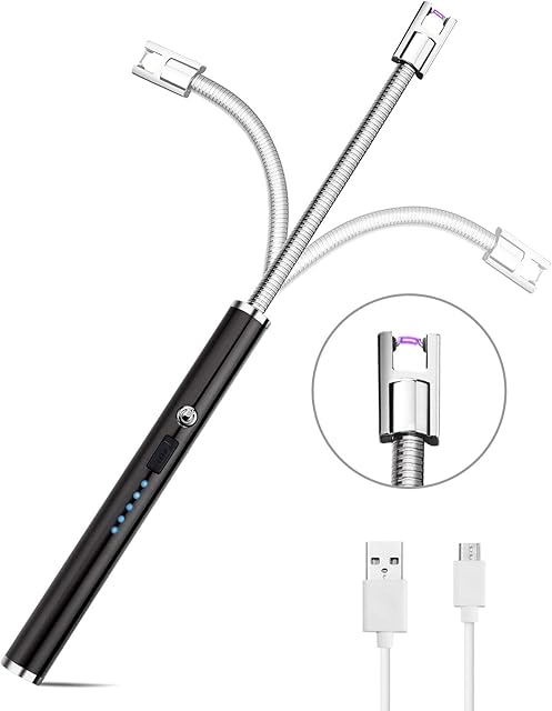 Electric Arc Lighter AUERVO Candle Lighter USB Rechargeable Multi Purpose Longer Flexible Neck Lighter Flameless Windproof for Kitchen Grilling BBQ Camping Stove (Black)