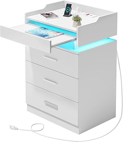 Miniatura 8 de Juego de 2 mesitas de noche blancas con estación de carga y bandeja extraíble, mesita de noche con cajones, mesa auxiliar moderna, mesa auxiliar de
