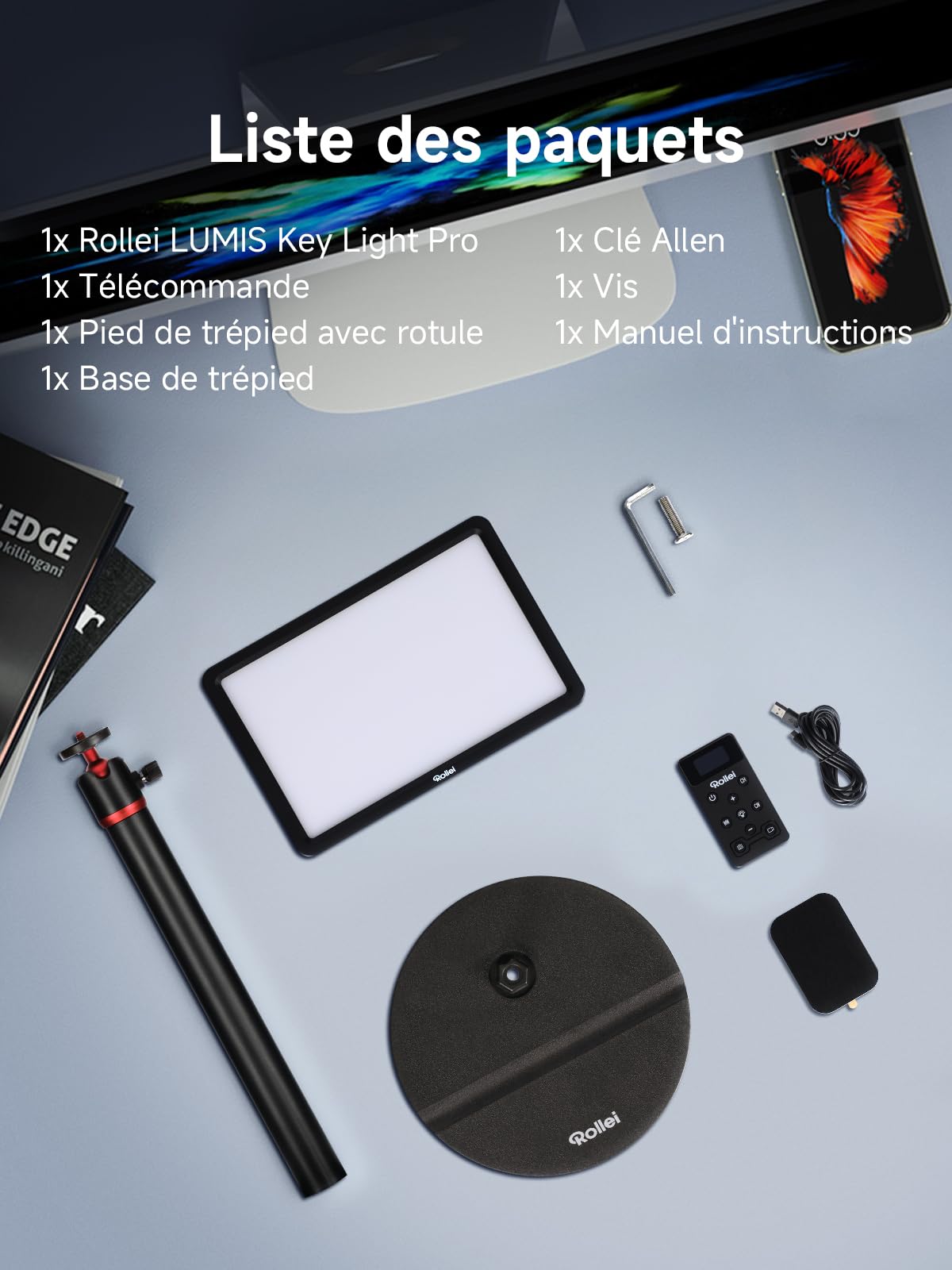 Rollei Lumis Key-Light, lumière vidéo LED avec trépied de Table et télécommande sur Le câble. Grande Lampe de Bureau Bicolore avec 192 LED à intensité Variable (96 Blanc Chaud + 96 Blanc Froid)