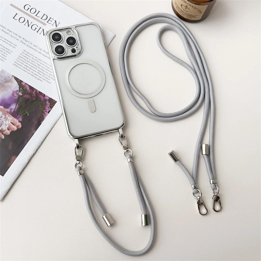 Umhängeband mit Handgelenkschlaufe, magnetische Handyhülle für iPhone 16 15 14 13 12 Pro Max 14 15 16 Plus, kabellose Ladebeschichtung, transparente Abdeckung, Silber, für iPhone 16