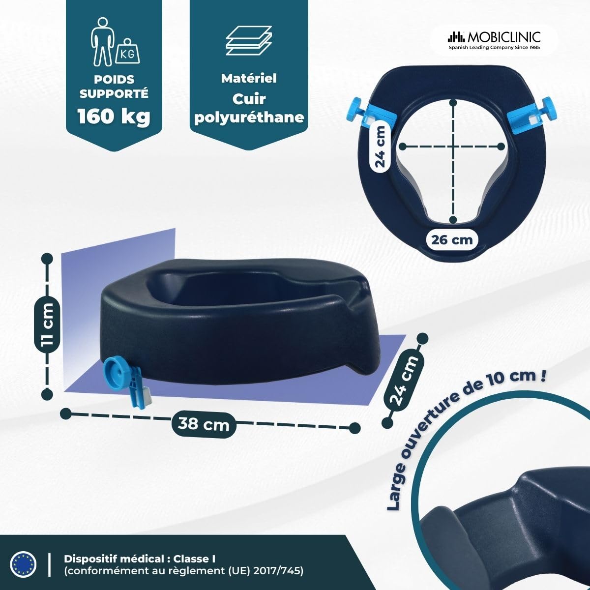 Mobiclinic, Rehausseur wc adulte, Mod. río, Marque européenne, Toilettes pour adultes, Souple, Hauteur 11 cm, Système de fixation latérale, Siège surélevé, Bleu