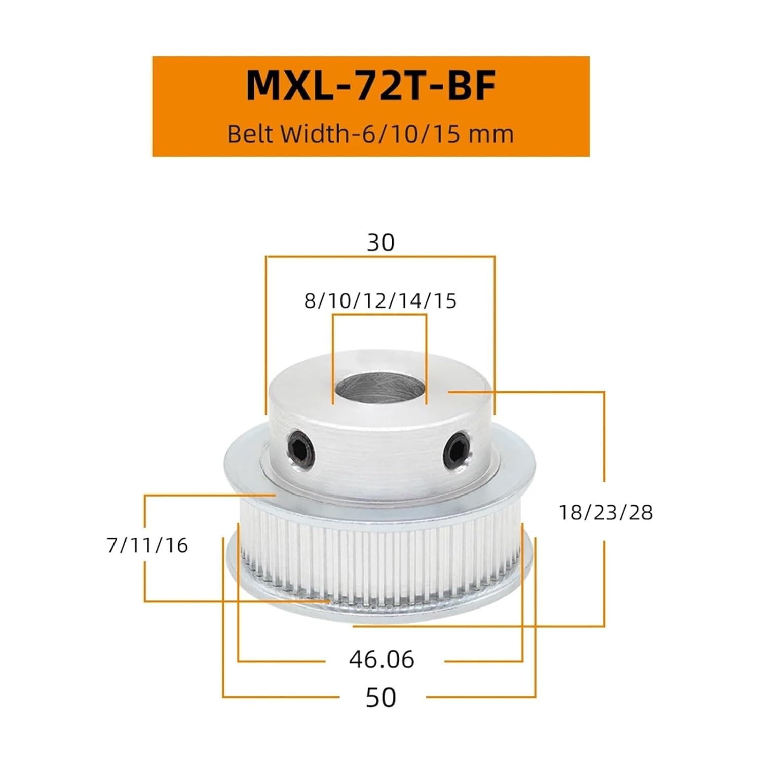 MXL 72T 75T Belt Pulley Bore 8/10/12/14/15 Mm Alloy Teeth Pitch 2.032 BF Shape for Width 6/10/15 Timing(12x4x1.8 mm,2 Pieces,72T-15mm)