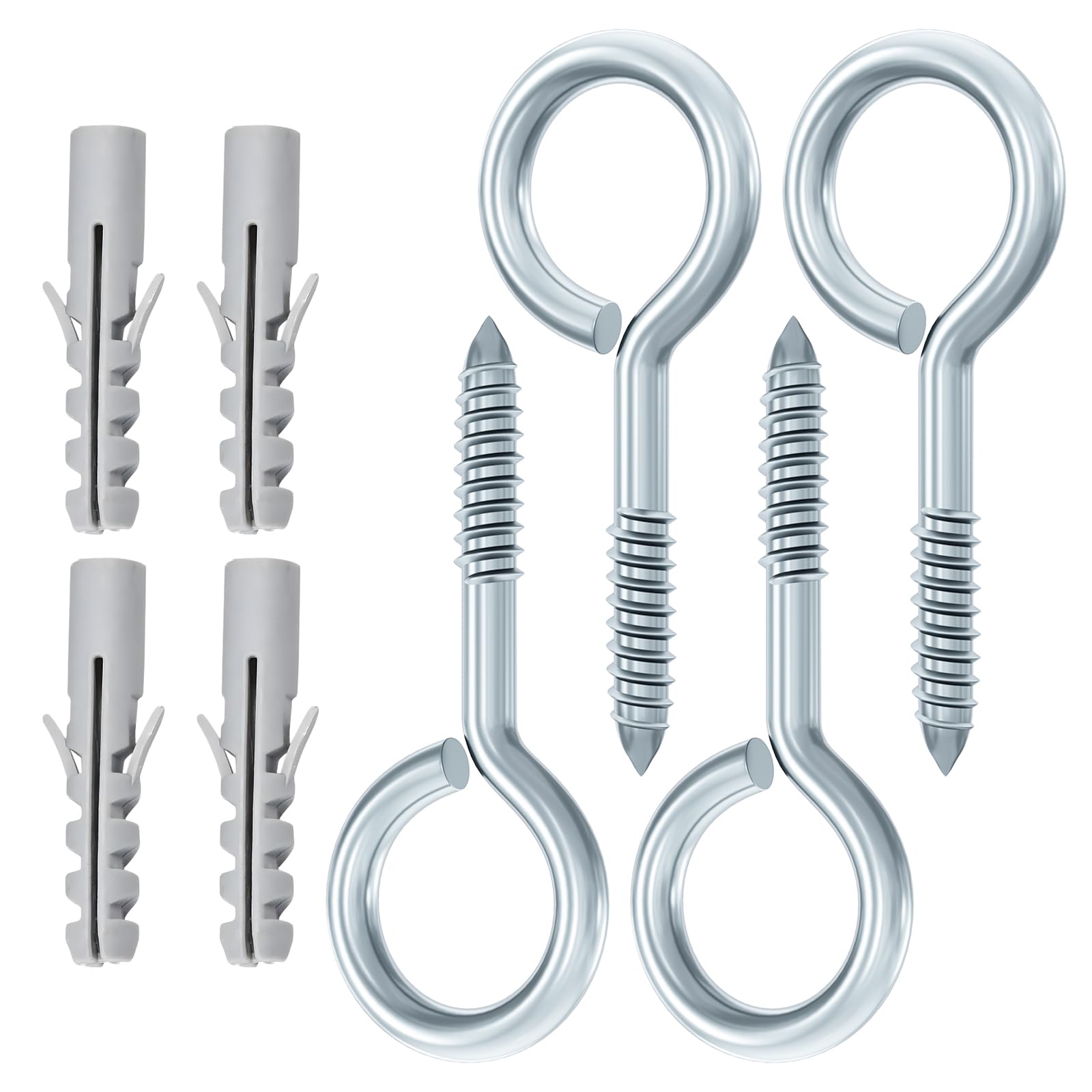 8-Pack 5 Inch Large Eye Hooks - Silver, Screw-In Utility Hooks For Hanging